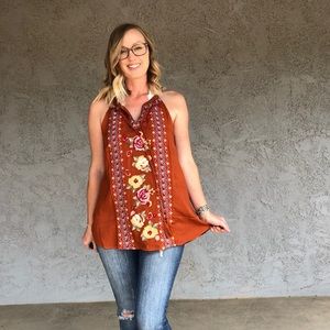 Embroidered tank with tie around front